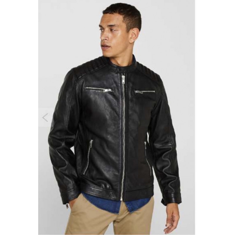 Veste style motard en cuir nappa