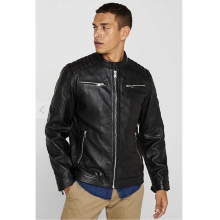 Veste style motard en cuir nappa